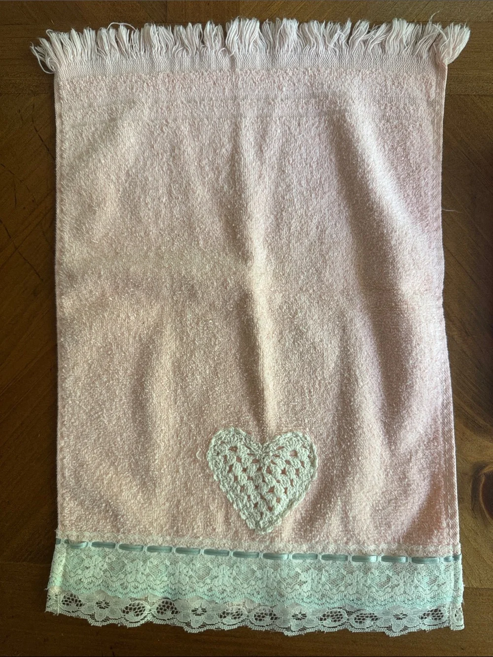 vintage soft pink wash cloths  white crochet heart appliqués and lace trim